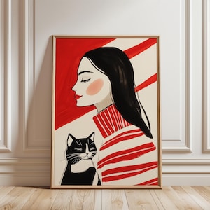 Modern Cat Lover Art Print, Playful Red and Black Artwork, Minimalist Striped Illustration, Stylish Digital Download