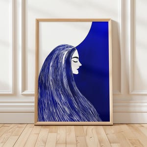 Fluid Indigo Woman Portrait, Elegant Abstract Face Art, Dreamy Blue Wall Art, Minimalist Feminine Printable, Digital Download