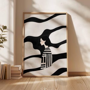 Abstract Woman Portrait Striped Minimalist Black and White Wall Art Dreamy Neutral Printable for Calm Home Decor Digital Download