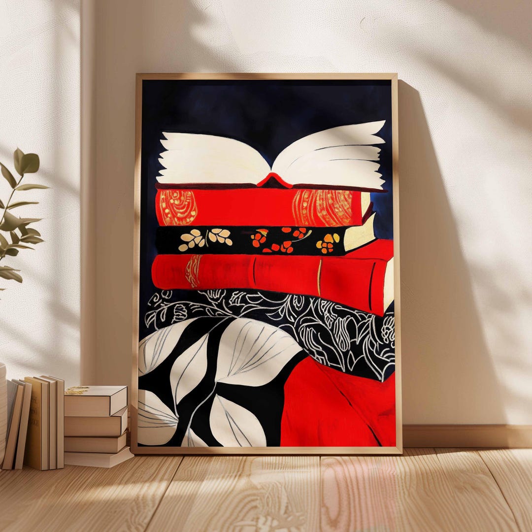 Red Book Stack Print: Literary Wall Art Reading Nook Decor (digital ...