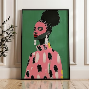 May include: A digital painting of a woman wearing a pink and black patterned shirt, against a green background, with large white earrings.