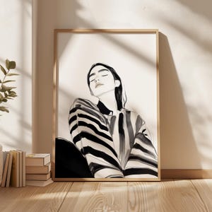 Minimalist Subtle Woman Portrait, Striped Feminine Print, Abstract Figurative Wall Art, Contemporary Elegant Printable, Digital Download