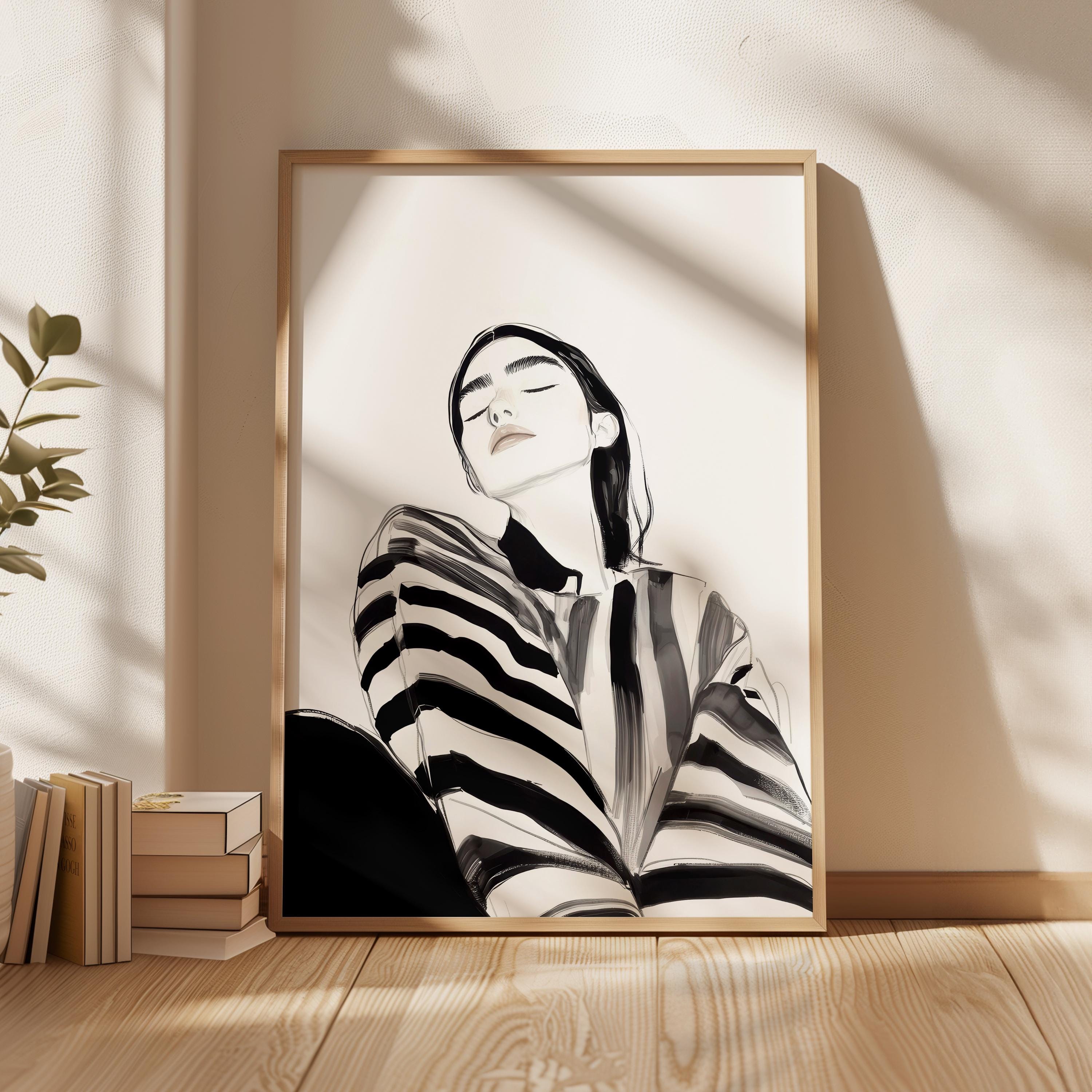 Minimalist Subtle Woman Portrait, Striped Feminine Print, Abstract Figurative Wall Art, Contemporary Elegant Printable, Digital Download