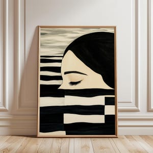 Minimalist Woman Portrait in Black & Beige Elegant Abstract Figurative Print Striped Modern Wall Art Feminine Printable Digital Download