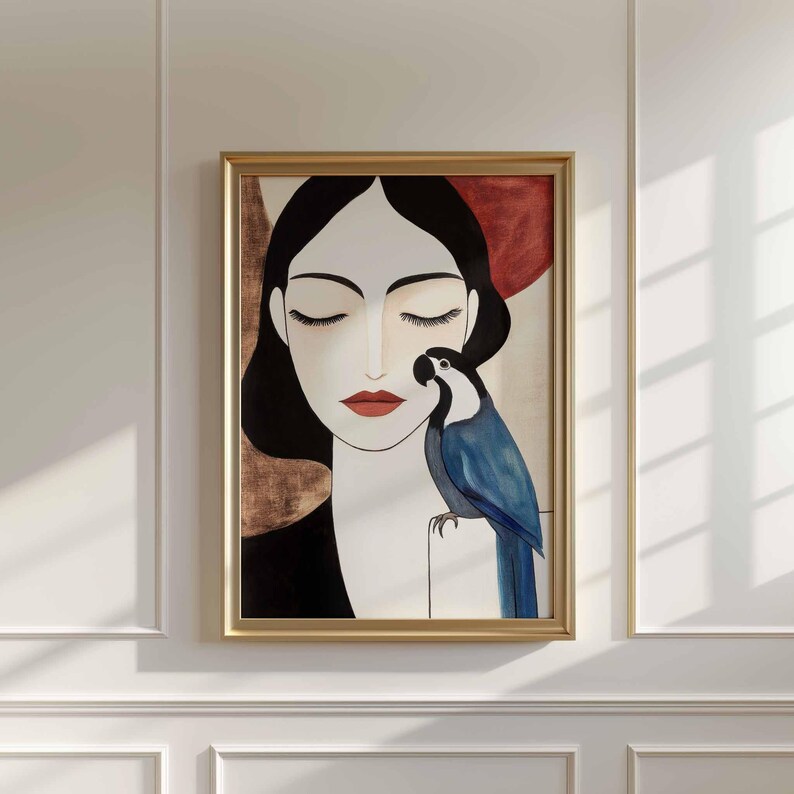 Minimalist feminine portrait with a front-facing woman in stillness, eyes closed, pale ivory skin, and sleek black hair framing her face. A bold blue parrot with sculpted feather details sits close to her cheek, its luminous color standing out against the soft neutral background in cream and earthy red-brown tones.