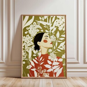 Bold vertical artwork combining a serene female figure with dense botanical pattern. The upper half focuses on her closed eyes and lifted face, while pale leaves spread across the burnt orange lower section.