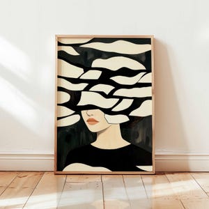 Abstract Portrait of Woman with Black and White Stripes Hidden Face Art Dreamy Minimalist Printable Digital Download