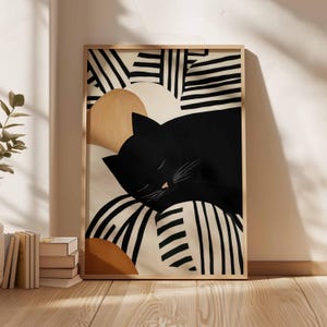 Sleeping Black Cat Illustration Minimalist Striped Wall Art Cozy Modern Printable for Cat Lovers Digital Download