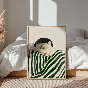 Emerald Green Woman Portrait: Striped Minimalist Wall Art Print ...