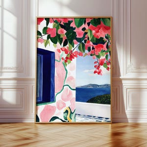 Ruhe am Meer - Mittelmeerblick mit Blumen, ruhige Küstenwandkunst, kontemplative druckbare, digitale Download