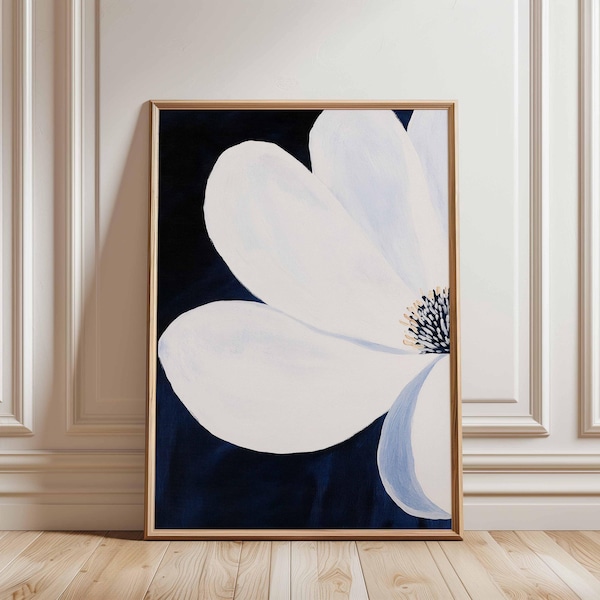 White Flower on Navy Painting: Minimalist Elegant Floral Wall Art Print (Digital Download)