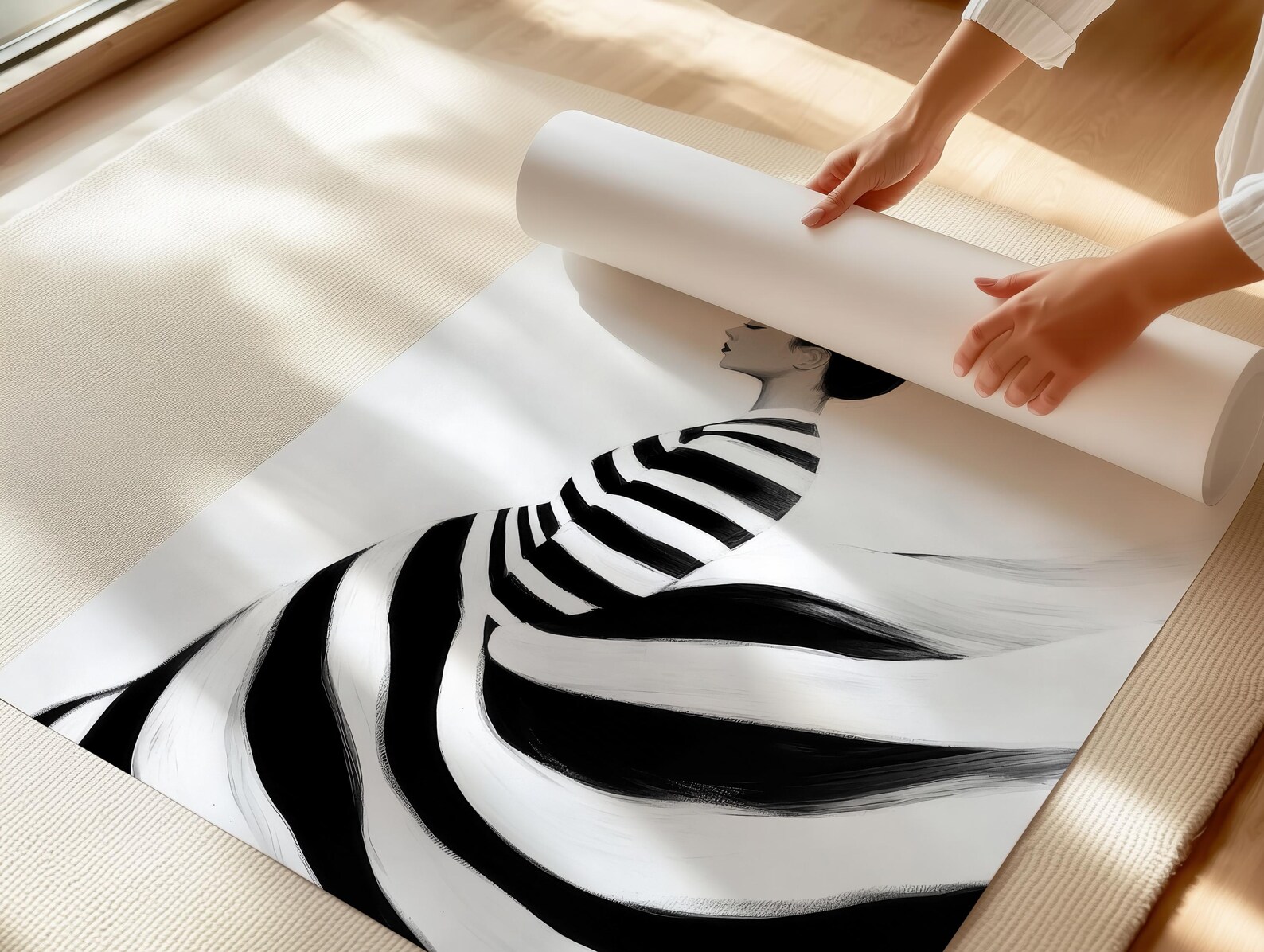 Black and White Woman Print: Striped Minimalist Wall Art (digital ...