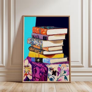 Colorful Vintage-Inspired Book Stack Illustration, Cozy Literary Art Print, Eclectic Home Library Decor, For Book Lover, Digital Download