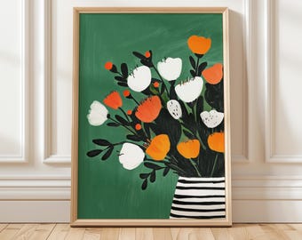 May include: A framed print of a colorful floral arrangement. The flowers are white, orange, and red, and they are arranged in a black and white striped vase. The background is a deep green color.