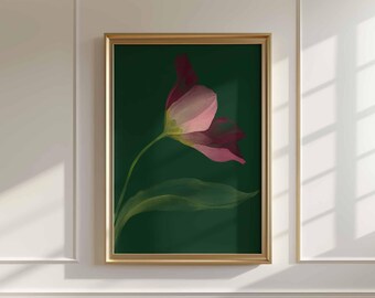 Impressão artística de tulipa rosa: Arte de parede floral verde botânica vintage (Download digital)