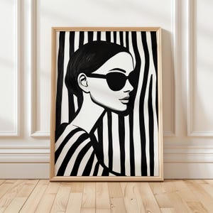 Sunlit Confidence - Bold Black and White Woman Portrait, Striped Fashion Print, Modern Wall Art, Monochrome Printable, Digital Download