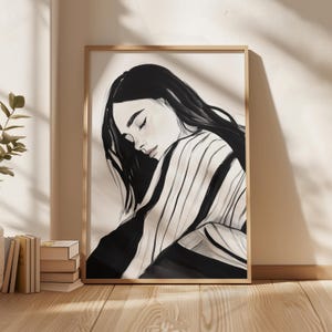 Gentle Woman Portrait, Modern Minimalist Art Print, Serene Black and White Printable Artwork, Calming Feminine Wall Art, Digital Download