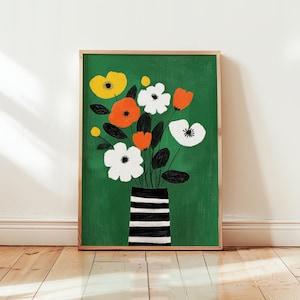 Ramo floral moderno con flores blancas, naranjas y amarillas sobre fondo verde, arte mural minimalista vibrante, jarrón a rayas imprimible, descarga digital