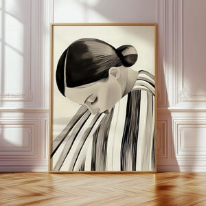 Abstrakte Frau Porträt, gestreifte neutrale Töne Druck, minimalistische Wandkunst, elegante druckbare für moderne Innenräume, digitaler Download
