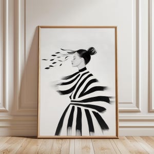 Elegant Black and White Woman Portrait, Flowing Stripes Art, Minimalist Wall Art, Modern Monochrome Printable, Digital Download