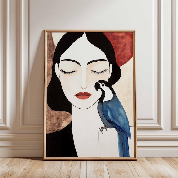 Woman with Blue Parrot Art Print: Modern Feminine Portrait (Digital Download)