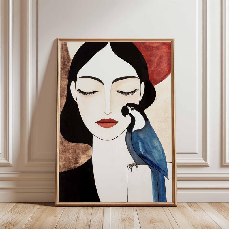 Stylized modern portrait of a serene woman with closed eyes, pale porcelain-toned skin, and deep black flowing hair set against a warm neutral backdrop. Her lips are painted a soft muted red. A vivid blue parrot with black and white markings gently rests against her shoulder, its curved beak near her face. The composition blends minimalist elegance with symbolic intimacy, creating a calm, poetic visual narrative.
