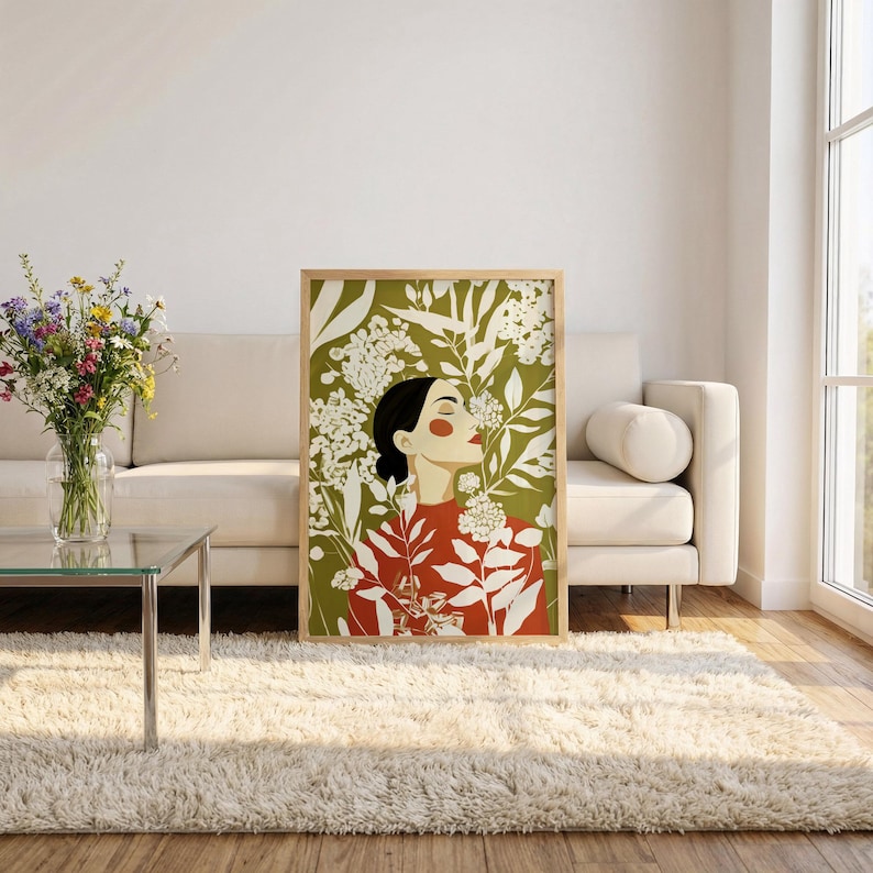 Stylized female profile framed by abundant cream botanical silhouettes on an olive green ground. The woman wears a burnt orange top, with sleek black hair, a softly shaded face, closed eyes, and a calm upward tilt.