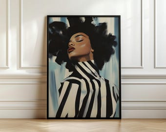 Abstract Afro Woman Portrait, Proud Black Woman Print, Bold Striped Wall Art, Expressive Feminine Art, Dynamic Painting, Digital Download