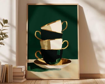 Emerald Green Stacked Cups Print: Minimalist Kitchen Still Life Wall Art (Digital Download)