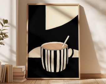 Striped Coffee Mug Print: Neutral Kitchen Wall Art, Minimalist Printable (Digital Download)