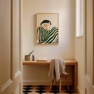 Emerald Green Woman Portrait: Striped Minimalist Wall Art Print ...