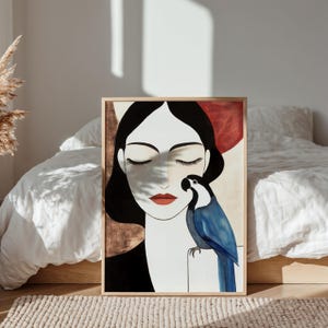 Modern feminine portrait illustration with a peaceful woman shown front-facing, eyes closed in quiet reflection, porcelain complexion, and flowing black hair. A bold blue parrot with subtle white facial details rests gently beside her, its vivid color drawing focus against the warm, softly textured neutral backdrop that blends cream and muted earthy browns.