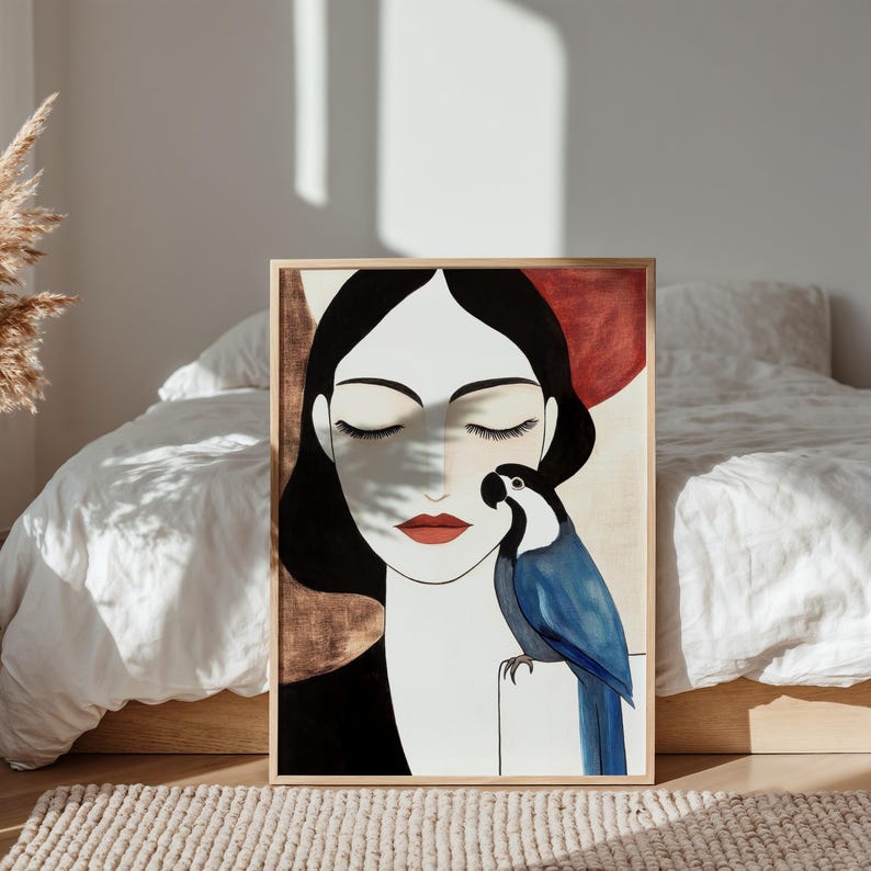 Modern feminine portrait illustration with a peaceful woman shown front-facing, eyes closed in quiet reflection, porcelain complexion, and flowing black hair. A bold blue parrot with subtle white facial details rests gently beside her, its vivid color drawing focus against the warm, softly textured neutral backdrop that blends cream and muted earthy browns.