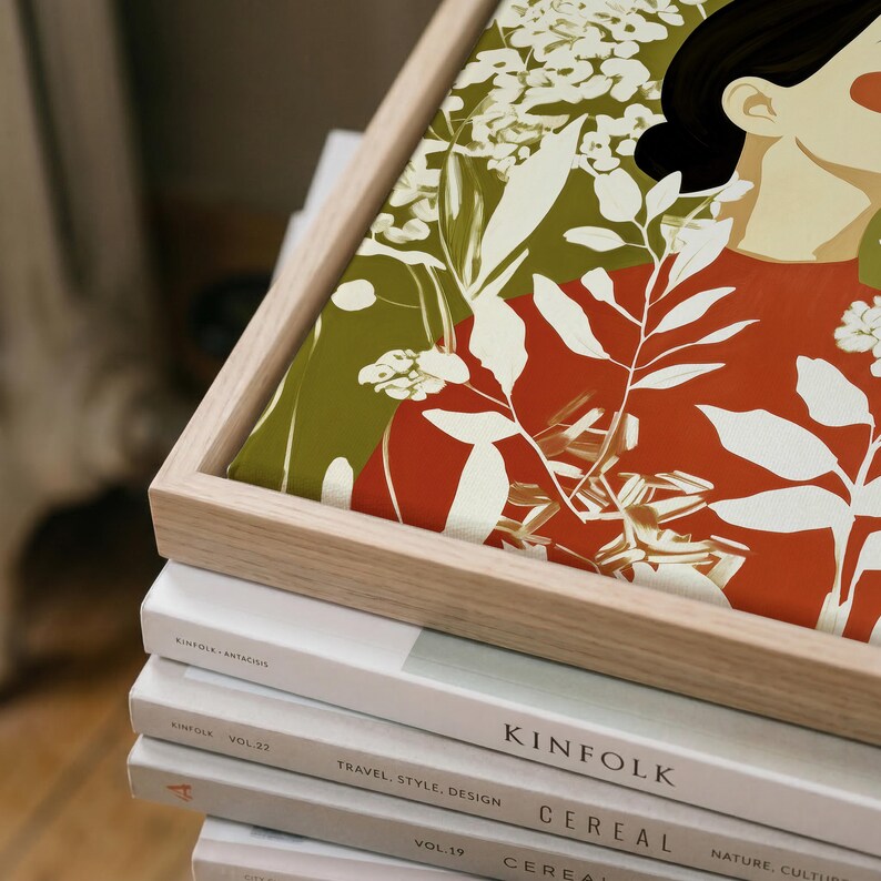 Modern woman portrait with strong flat colour and delicate painted shading. Olive green surrounds the figure, while pale botanical silhouettes overlap her face and terracotta red garment in a richly layered composition.