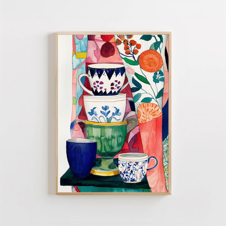 Colorful stacked teacups artwork showing multiple ceramic cups with floral designs arranged vertically. The watercolor textures and patterned background create depth and warmth. Abstract botanical elements frame the composition, giving the artwork a cozy, lived-in feel inspired by kitchen rituals and quiet daily routines.
