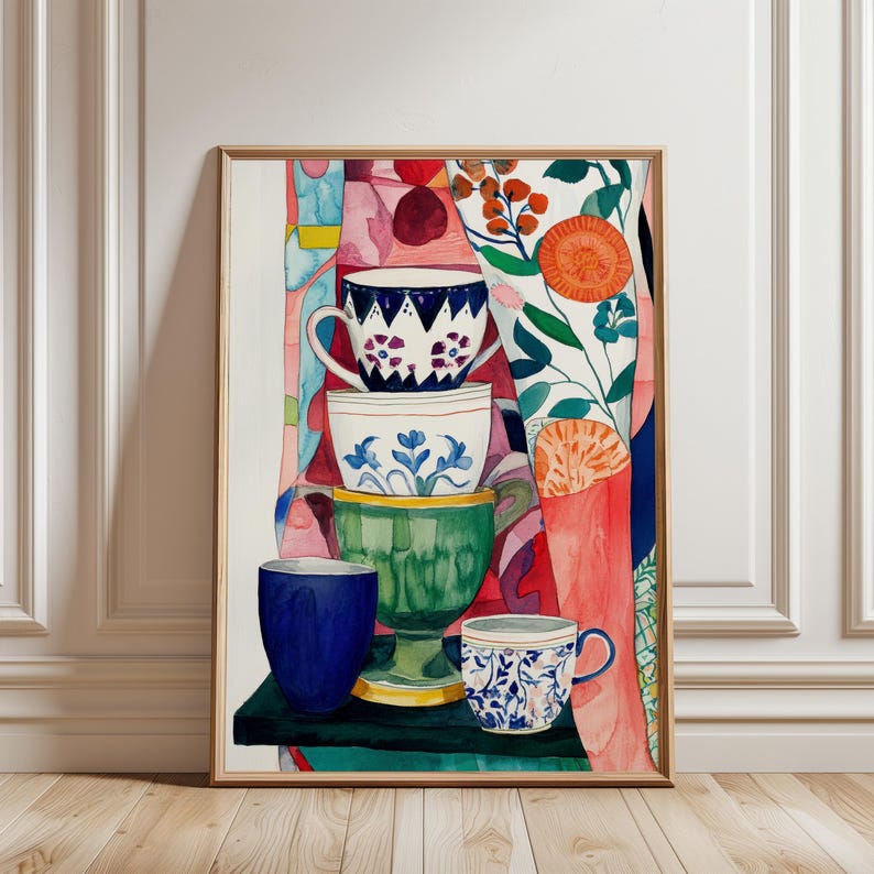 A colorful illustration of a playful stack of six unique teacups set against a vibrant floral and abstract patterned background. The bold palette and cozy vibe make it perfect for kitchen or dining area decor.