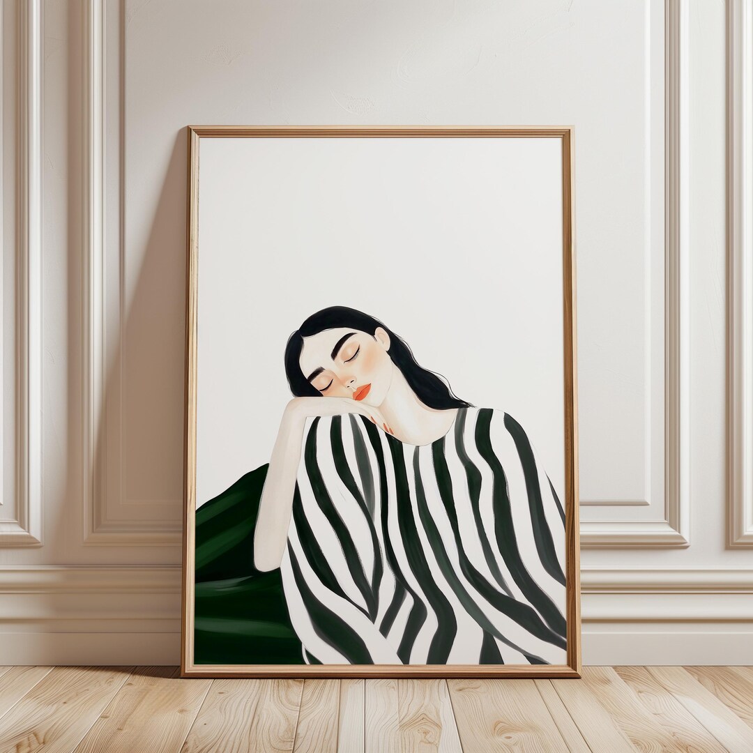 Resting Woman Portrait: Emerald Green Striped Modern Wall Art (digital ...