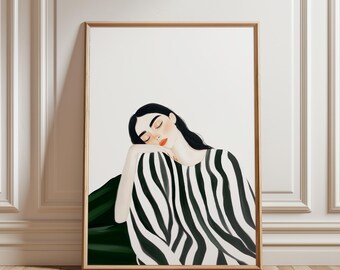 Resting Woman Portrait, Emerald Green Minimalist Print, Striped Bedroom Wall Art, Elegant Modern Printable, Digital Download