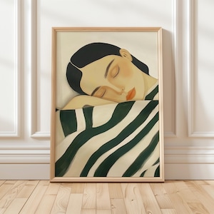 Retrato de mujer en reposo, impresión de rayas verde esmeralda, arte de pared abstracto con personas, impresión moderna serena, descarga digital
