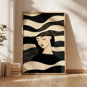 Minimalist Woman Portrait with Flowing Lines, Black and Beige Modern Art Print, Elegant Emotional Printable, Digital Download