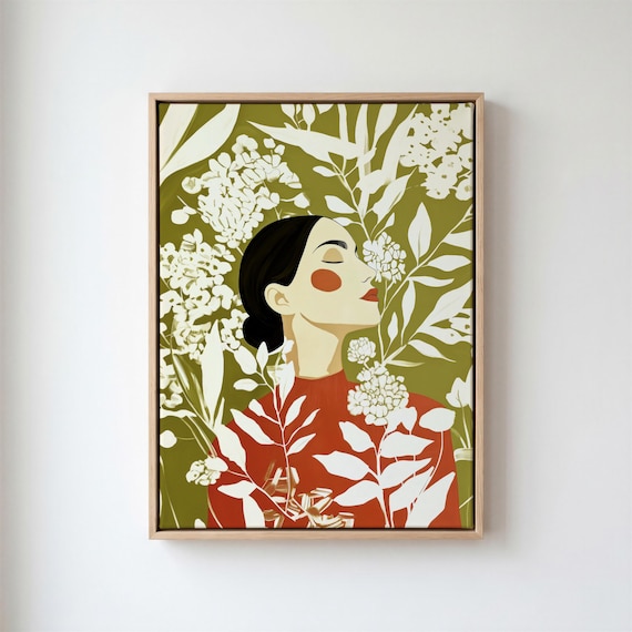 Botanical Woman Portrait Print: Olive Green Wall Art (Digital Download)