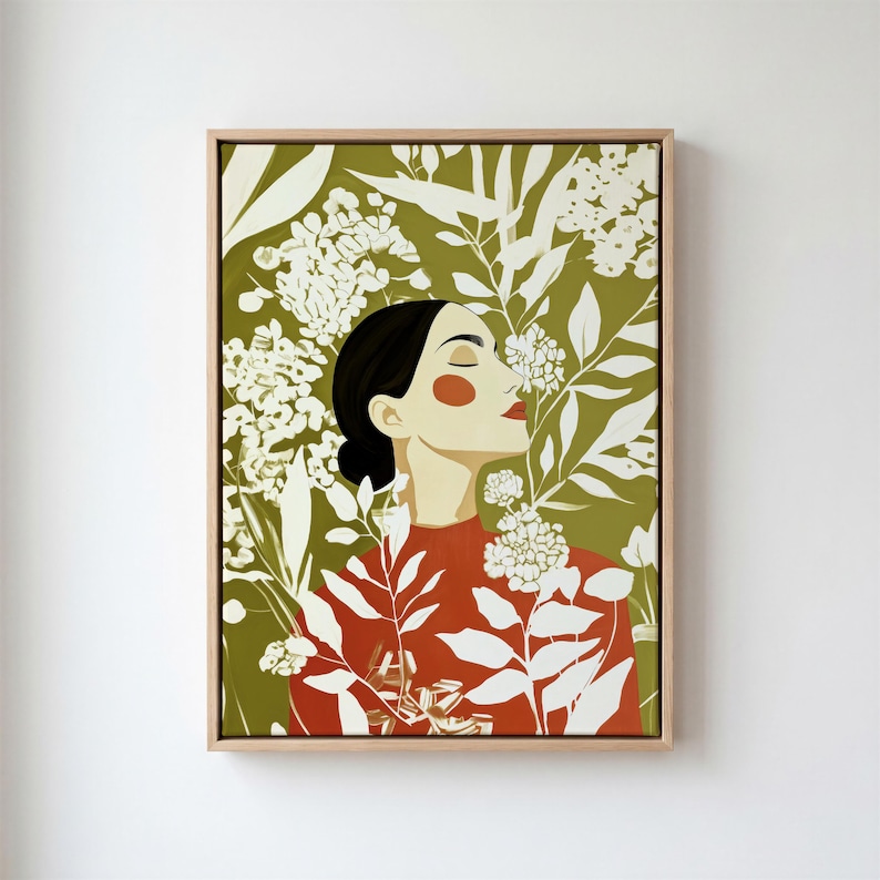 A nature-inspired painting of a serene woman surrounded by delicate botanical elements, set against an earthy-toned background. The harmonious blend of florals and bold red accents creates a striking yet tranquil composition.