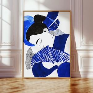 Indigo Abstract Woman Portrait, Minimalist Blue Brushstroke Wall Art, Modern Printable for Modern Spaces, Digital Download