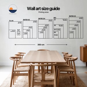 May include: A white wall with a black and white chart showing different print sizes for wall art. The chart includes the ratios 2:3, 3:4, 4:5, and ISO sizes A1, A2, A3, and A4. The chart also includes the sizes 11x14 and 5x7. The chart is labeled "Wall art size guide" and "Printing sizes". There is a wooden table with chairs in front of the wall.