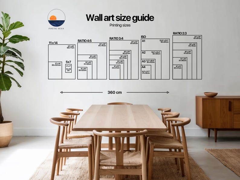 May include: A white wall with a black and white chart showing different print sizes for wall art. The chart includes the ratios 2:3, 3:4, 4:5, and ISO sizes A1, A2, A3, and A4. The chart also includes the sizes 11x14 and 5x7. The chart is labeled "Wall art size guide" and "Printing sizes". There is a wooden table with chairs in front of the wall.