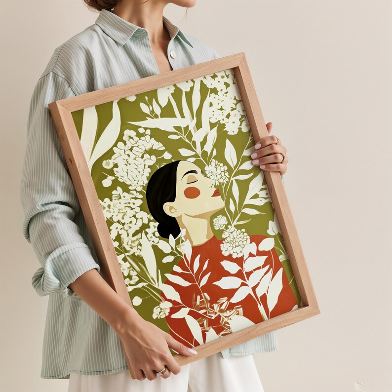 Detailed floral portrait featuring clusters of small cream blossoms, broad leaves, and slender stems around a woman’s face. Her soft beige skin and warm orange accents contrast with the olive green field.