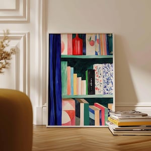 Kleurrijke boekenplankprint: literair geïnspireerde muurkunst voor leeshoekjes (digitale download)