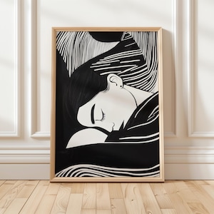 Minimalist Black and White Woman Portrait, Elegant Line Art, Modern Abstract Wall Art, Contemplative Printable, Digital Download