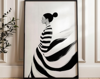 Minimalist Black and White Woman Portrait, Elegant Modern Wall Art, Striped Feminine Printable, Digital Download