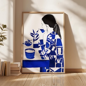 Serene Tea Moment, minimalistisches blaues Kunstwerk, ruhiger moderner Druck, indigoästhetische Wandkunst, digitaler Download